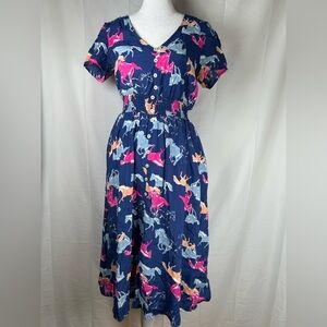 ModCloth Neon Stampede Midi Dress Women’s Small Navy Pink Button Front